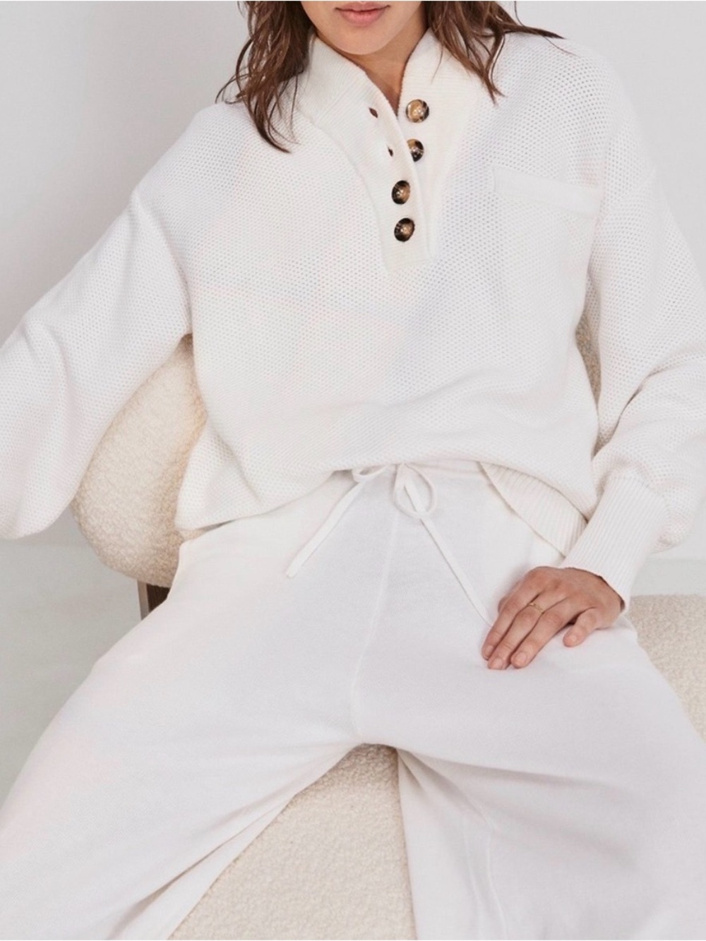 LUNYA Cozy Cotton Silk Pocket Henley Pullover Sweater in Sincere White XS/S